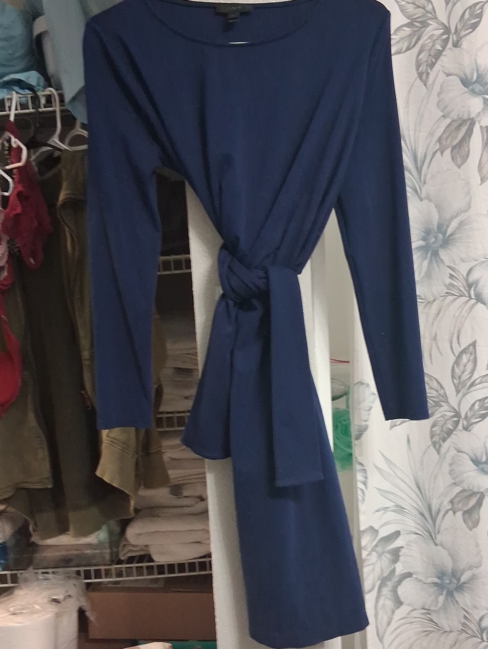 Women's Navy Knot-Waist Long Sleeve Dress